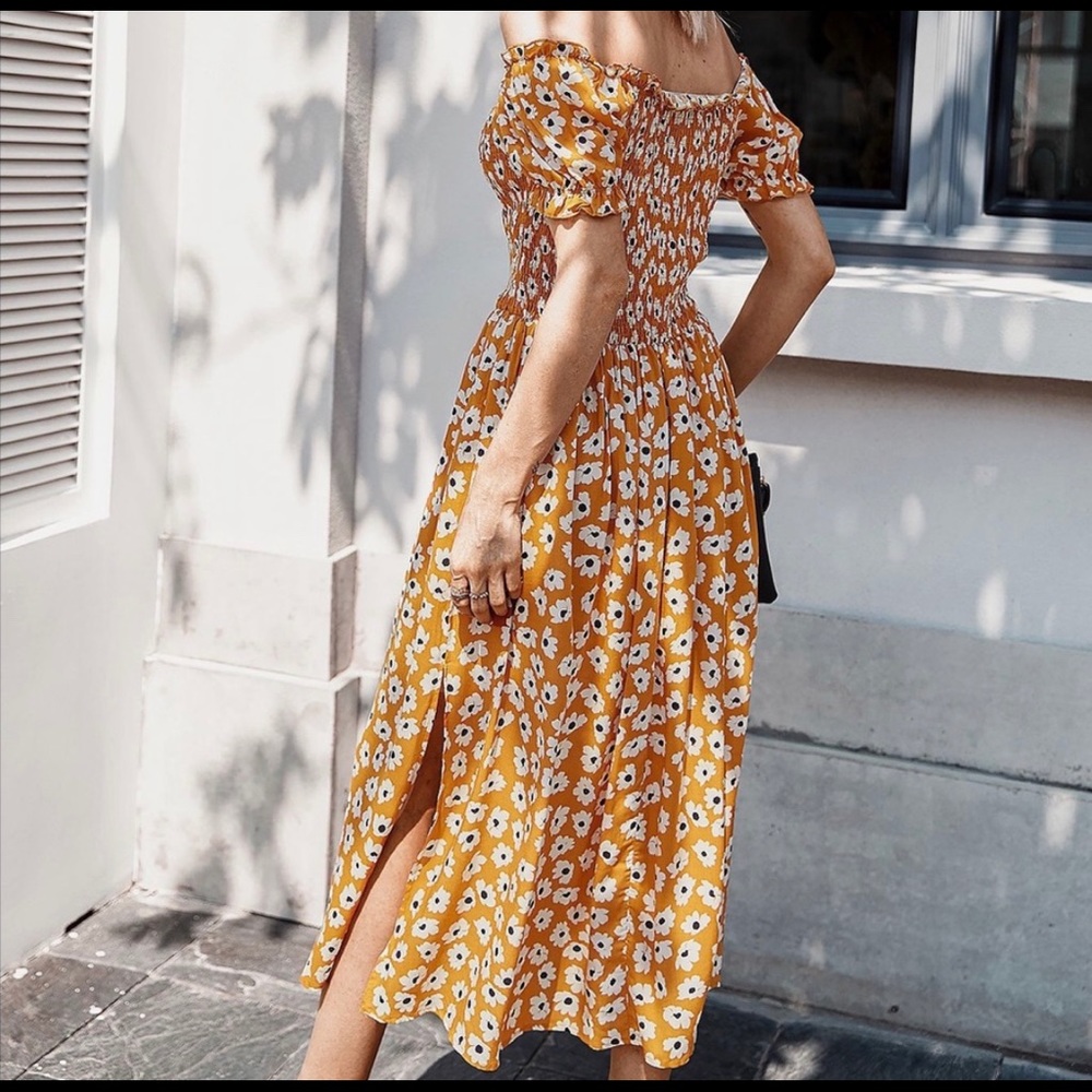 New!Clearance Yellow floral Maxi Slit Slide Dress - Picture 3 of 5
